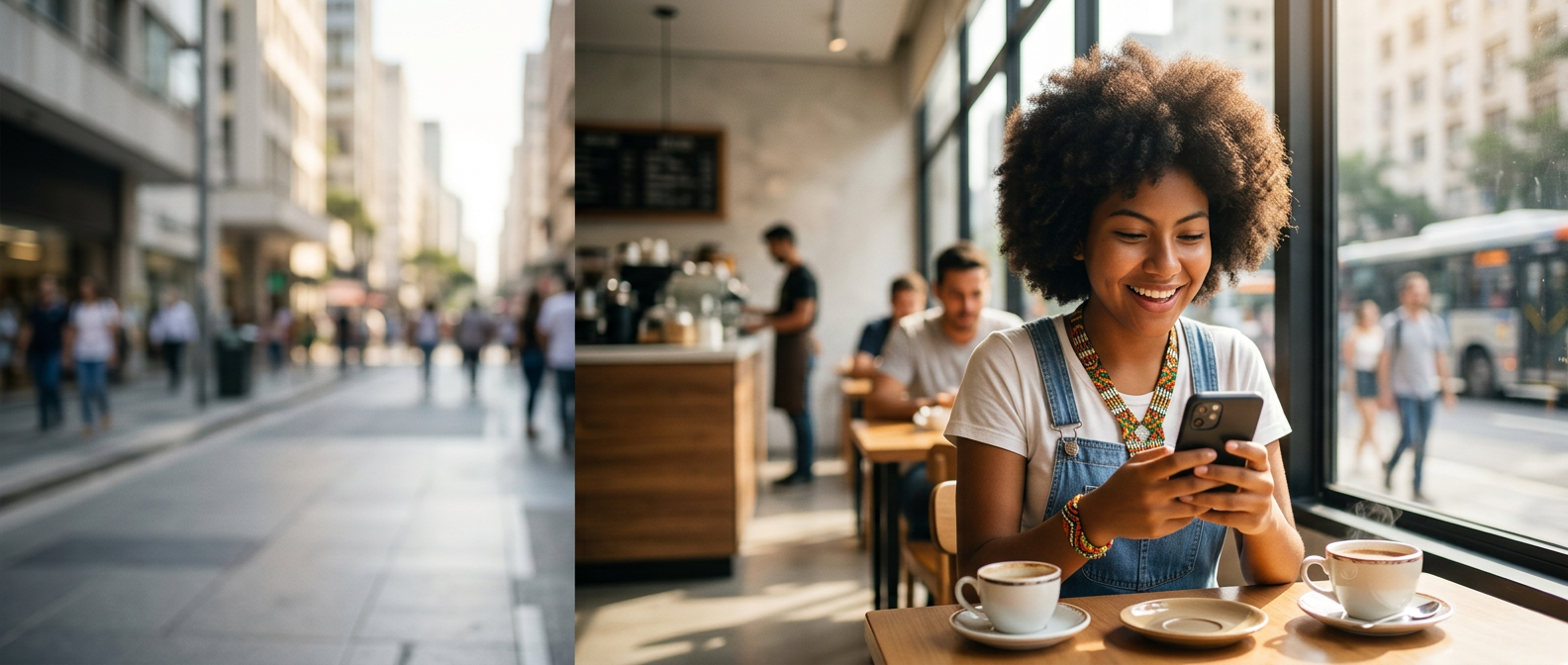Mariana usando o GANHA MAIS em um café em São Paulo