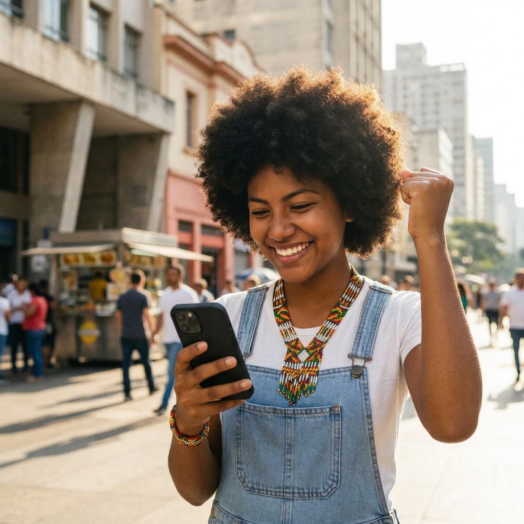Mariana comemorando uma nova oportunidade no celular